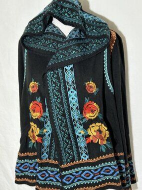 Bohemian Boho Hooded Jacket Sweater Black w Colorful Embroidery Women's Large